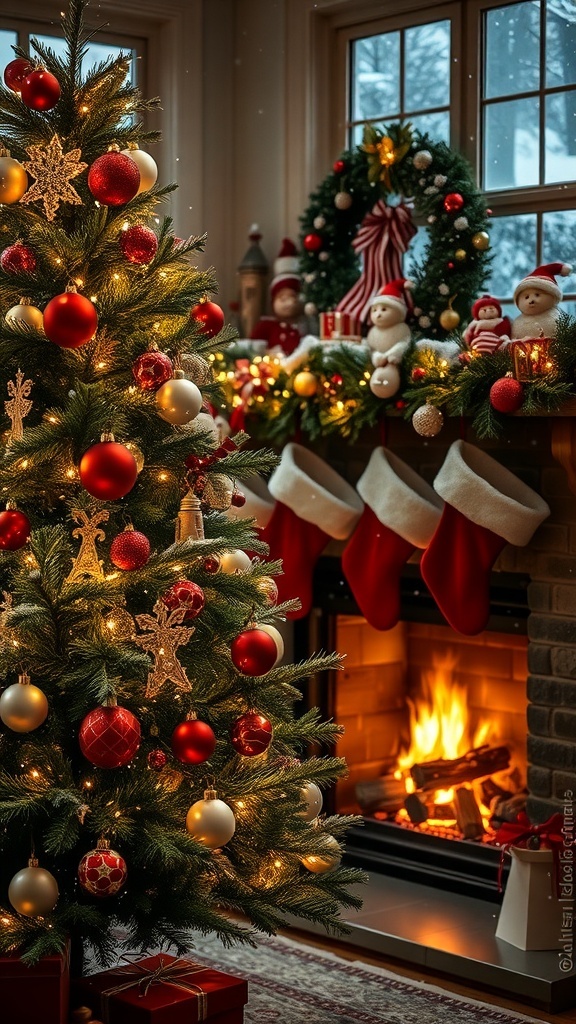 Festive Christmas Aesthetic Usernames A decorated Christmas tree by a fireplace with stockings, snow falling outside.